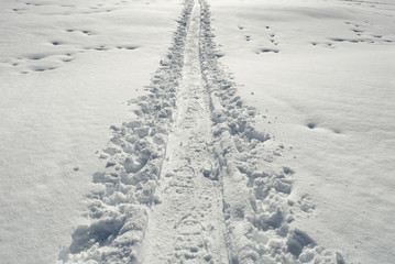 background: track, trail, made with snowshoes (snowshoeing) and by ski mountaineers, in the fresh snow in high mountains, on a sunny day, winter, cold, ice, alps, Simplon Pass, Switzerland..
