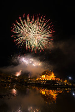 Fireworks celebrate the New Year 2018 at Rajapruek Royal Park, Chiang Mai with beutiful light of Hor Khum Luang temple,Thai Tradition Building