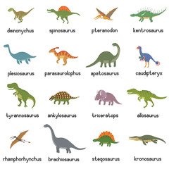Vector collection of cute flat dinosaurs, including T-rex, Stegosaurus, Velociraptor, Pterodactyl, Brachiosaurus and Triceratop