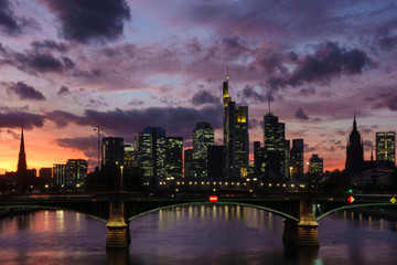Fototapeta na wymiar Panorama of the skyline Frankfurt am Main at twilight