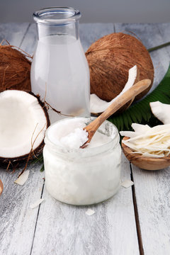 Coconut products with fresh coconut, Coconut flakes, water and oil