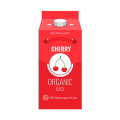 Red cherry juice box package with solid and flat color design style.