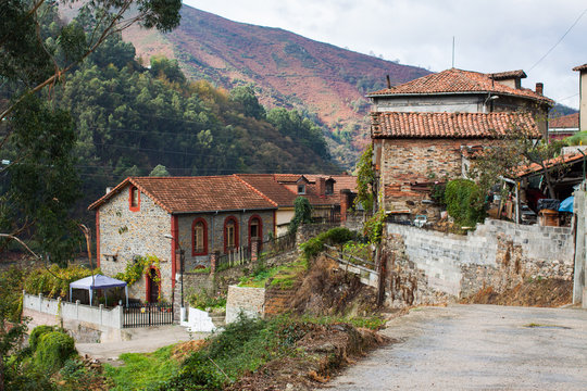 Typical stone houses in La Rebollada, Asturias, Spain