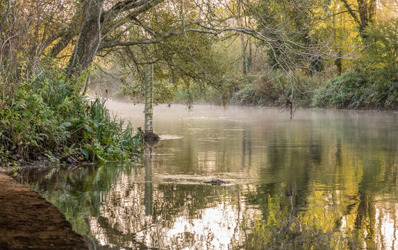 Water Depth Guage In River On Cold Misty Morning