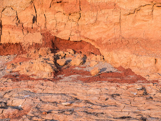 steep clay cliff. a vertical wall of clay gully of red clay covered with cracks
