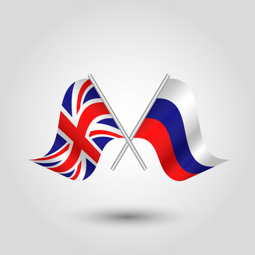 vector two crossed british and russian flags on silver sticks - symbol of united kingdom and russia