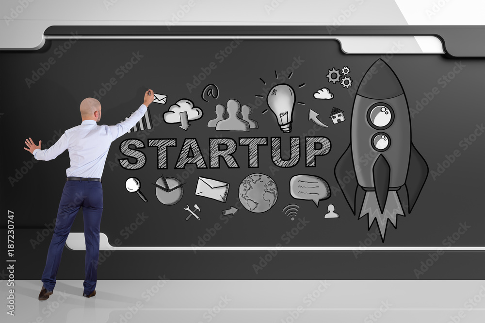 Poster businessman drawing startup sketch on a board 3d rendering