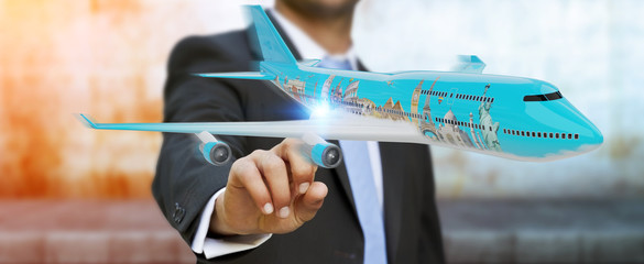 Businessman with plane and famous landmarks of the world 3D rendering