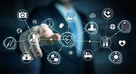 Businessman using digital medical interface 3D rendering