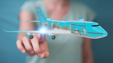 Businessman with plane and famous landmarks of the world 3D rendering