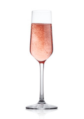 Rose pink champagne glass with bubbles isolated