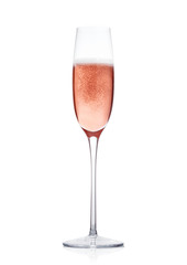 Rose pink champagne glass with bubbles isolated