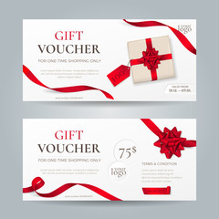 Vector set of elegant gift vouchers with red ribbons, bows and gift box. Template for holiday gift cards, coupons and certificates. Isolated from the background.