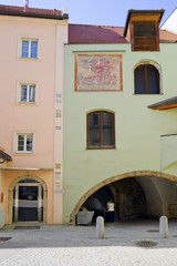 Wassertor, erbaut um 1430, Tafeln der Wasserh&ouml;hen des Inn von 1786 bis 2002, historische Barockstadt Sch&auml;rding, Sch&auml;rding, Ober&ouml;sterreich, &Ouml;sterreich