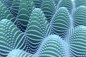 3d-Illustration einer Gebirgslandschaft, die aus hunderten von länglichen Quadern mit quadratischer Grundfläche besteht