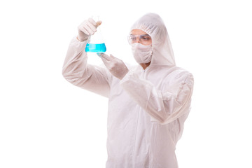 Chemist working with radioactive substances isolated on white ba