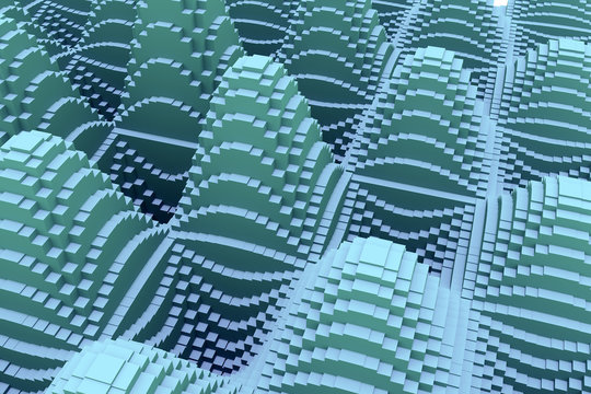 3d-Illustration einer Gebirgslandschaft, die aus hunderten von l&auml;nglichen Quadern mit quadratischer Grundfl&auml;che besteht