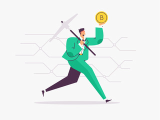 Bitcoin concept vector illustration of businessman holding a pickaxe and a bitcoin, , concept of bitcoin mining.