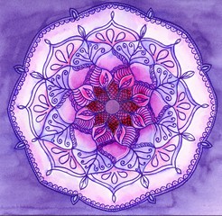 Abstract violet and pink painted picture with circle pattern. Color sand mandala.