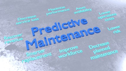 Predictve maintenance keywords surrounding big blue letters on metal surface 3D illustration