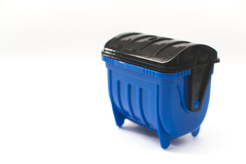 blue trash containers on white background