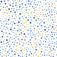Colorful polka dots seamless pattern on white 24 background. Bizarre classic colorful polka dots textile pattern. Seamless scattered confetti fall chaotic decor. Abstract vector illustration.