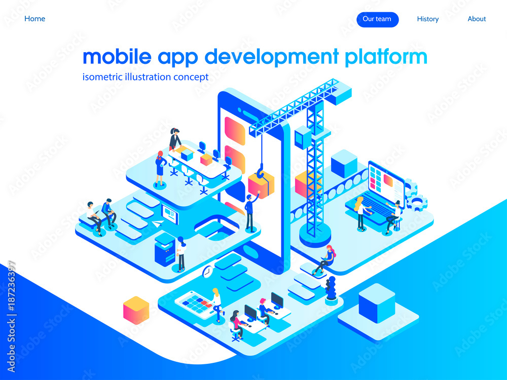 Wall mural app development and startup concept. launch a new product on a market. landing page template. 3d vec