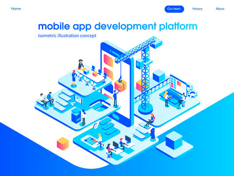 App development and startup concept. Launch a new product on a market. Landing page template. 3d vector isometric illustration.