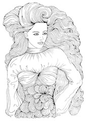 Vector hand drawn portrait of sexy fashionable woman with long wavy hair. Pattern for coloring book A4 size. Coloring book for adults.