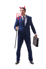 Evil devil businessman with pitchfork isolated on white backgrou