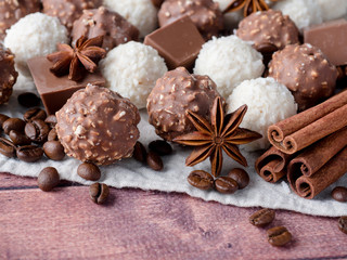 Chocolate Coconut Star Anise Cinnamon Coffee beans on Wooden Background Table