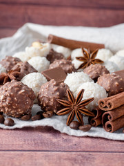Chocolate Coconut Star Anise Cinnamon Coffee beans on Wooden Background Table