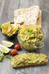 Bowl of guacamole with tortilla chips