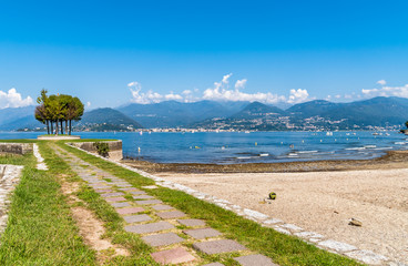 View of Lake Maggiore from Cerro beach, is a fraction of Laveno Mombello town, Italy
