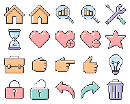Collection of outlined pixel icons: User interface. Set #2