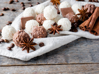 Chocolate Coconut Star Anise Cinnamon Coffee beans on Wooden Background Table