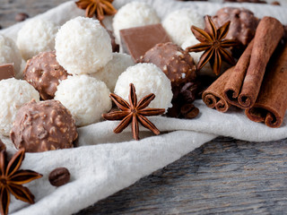 Chocolate Coconut Star Anise Cinnamon Coffee beans on Wooden Background Table