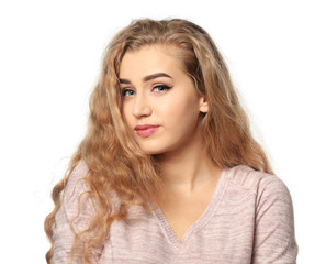Naklejka premium Portrait of beautiful smiling woman on white background