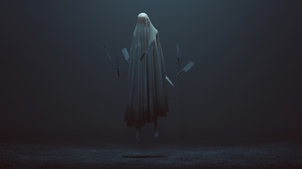 Floating Evil Spirit in a foggy void with Floating knifes  - obrazy, fototapety, plakaty
