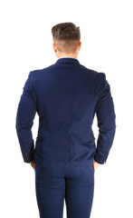Fototapeta premium Handsome man in formal suit on white background, back view