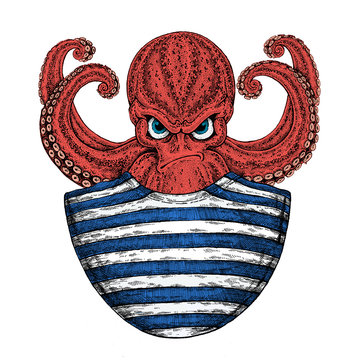 Octopus. Vintage cartoon character. Fantasy octopus sailor, navy, seaman. Creature for t-shirt, badge, logo, poster, emblem