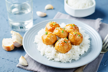 Baked Orange Chicken Meatballs with rice