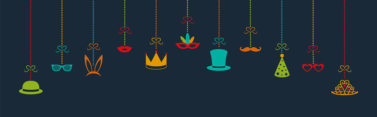 Carnival party, birthday party or photo booth hanging decorations - panoramic header. Vector.