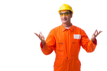 Construction worker wearing hard hat isolated on white