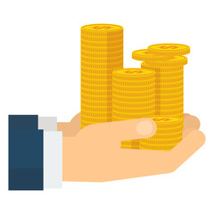 Hand holding stack of gold money cash coins. Symbol of wealth, success and good luck. Bank and Finance. Flat vector cartoon illustration. Objects isolated on a white background.