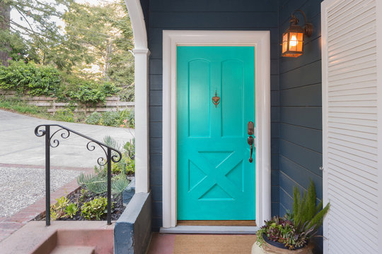 Turquoise Entry Door / Front Door with single cylinder entrance electronic handle-set.