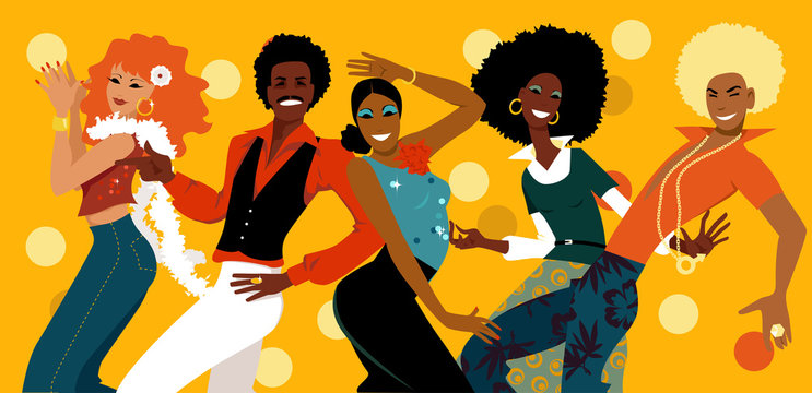 Group of young people dressed in 1070s fashion dancing in a disco club, EPS 8 vector illustration