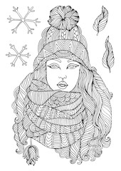 Vector hand drawn fashion girl in a warm knitted hat and voluminous scarf, autumn winter season. Pattern for coloring book A4 size. Coloring book for adults.
