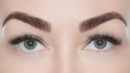 Obraz premium Procedure for eyelash extension. Beautiful woman with long eyelashes in a beauty salon. Look at the camera.