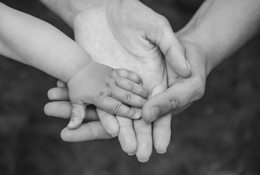 Three hands of the same family - father mother and baby stay together. Close-up. The concept of family unity protection support prosperity love and parental happiness.